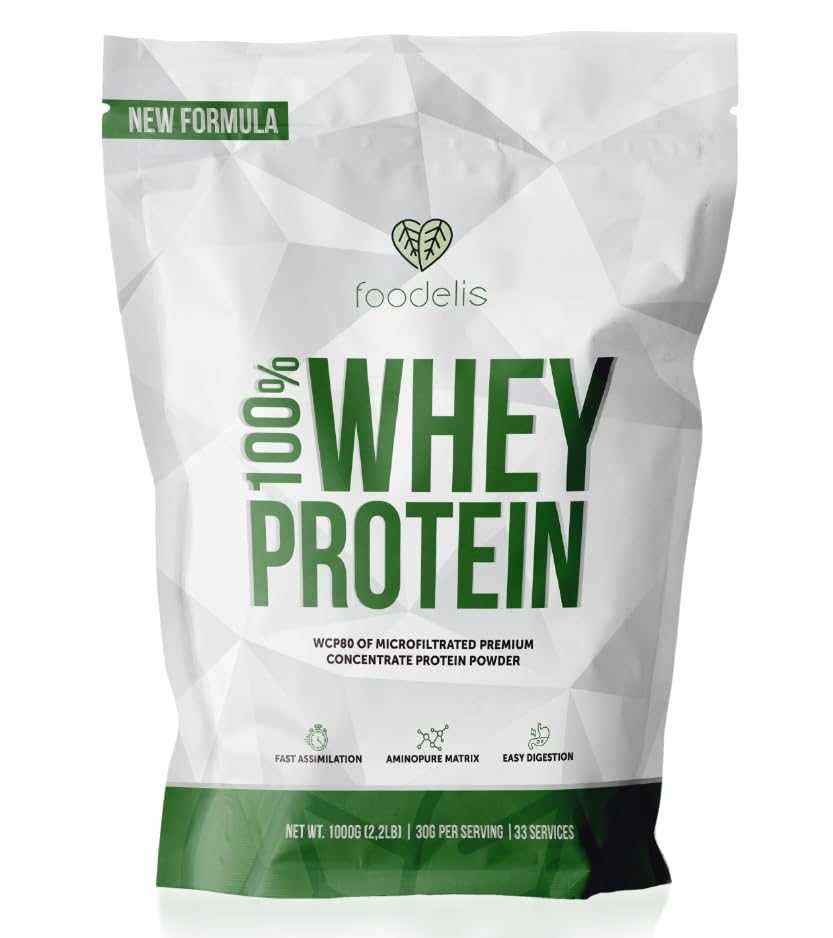 Foodelis Proteína Whey en Polvo - 1 kg, Vainilla - Proteína de Suero de Leche para Masa Muscular – Alta en Proteínas, Fácil Digestión