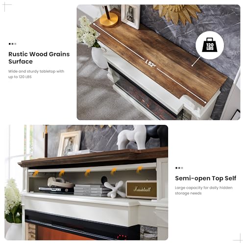 OKD 52" Electric Fireplace with Mantel, Freestanding Fireplace Heater TV Stand with 36" 3-Side Glass Insert for TVs Up to 65" with Storage Cabinet for Living Room, Antique White