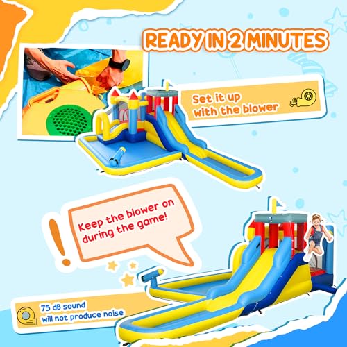 AIYAPLAY Inflatable Bouncy Castle, 6 in 1 Kids Water Bounce House with 550W Blower, Splash Pools, 2 Slides, Trampoline, Climbing Wall, Cannon, Basketball Hoop, for Garden, Party, Outdoor Indoor - Image 5