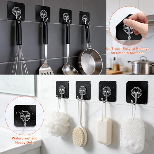 Image of DDMY Heavy Duty Adhesive Hooks for Hanging 50lb(Max) Black Wall Hooks with Strong Sticky,No Damage Removable Hook Waterproof & Reusable for Bathroom, Kitchen, Shower, Outdoor Decor -8 Pack