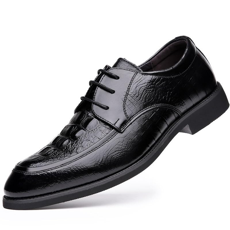 Dress Oxford Shoes for Men Lace Up Round Toe Leather Crocodile Print Apron Toe Derby Shoes Non Slip Anti-Slip Slip Resistant Low Top Block Heel(9.5)