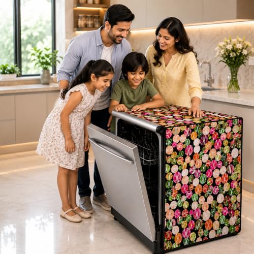 Image of Waterproof Dishwasher Cover for 12 to 15 Place Setting | Suitable with Bosch, LG, IFB, Hafele, Faber & More | Dustproof Appliance Protector Zip Cover Universal Fit-(63X63X88cms Design 7)
