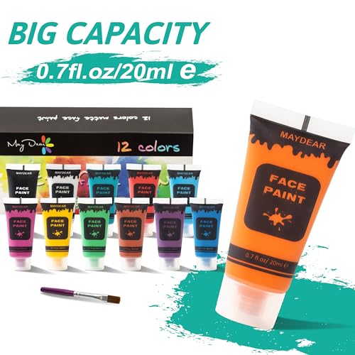 Maydear 12 Colors Face Body Paint Set, Safe Non-Toxic Liquid Paint for Adults and Children, Halloween, Cosplay - Matte 0.7 FL OZ Each