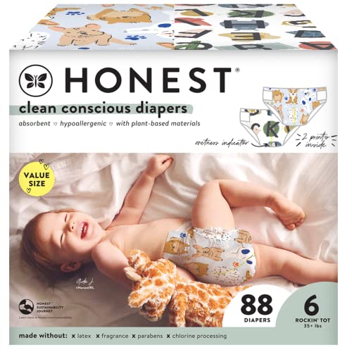 Image of The Honest Company Comfort Dry Disposable Diapers Plant-Based Sustainable All Letters and It's a Pawty Super Club Box Size 6 35and lbs 88 Count