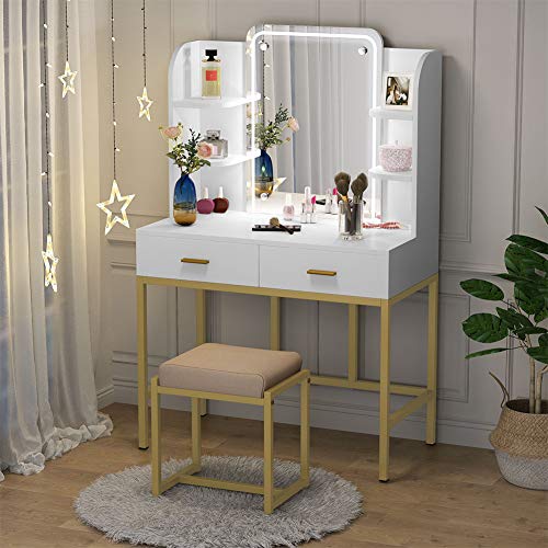 Vanity Set with Lighted Mirror and Cushioned Stool, Large Vanity Table Dressing Table Desk with Storage Shelves and 2 Drawers for Bedroom