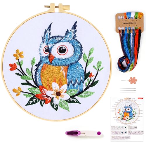 Image of KESTAR Embroidery Starter Kit, Owl Flower Embroidery Kit for Adults Beginners, Cross Stitch Kits with Embroidery Cloth Hoops Needles Instruction and Threader