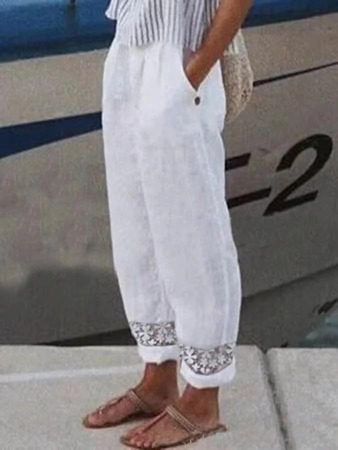 Akivide Womens Cotton Linen Pants Elastic High Waist Lace Comfy Loose Summer Beach Pants with Pockets2