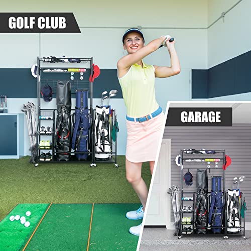 Mythinglogic Golf Bag Storage Garage Organizer,2 Golf Bags Storage Stand and Golfing Equipment Accessories Storage Rack with 4 Removable Hooks, Extra Golf Clubs Display Rack