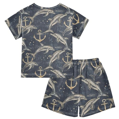 ALAZA Dolphins and Anchor Pajama Set Short Sleeve Sleepwear Soft Lounge Nightwear2