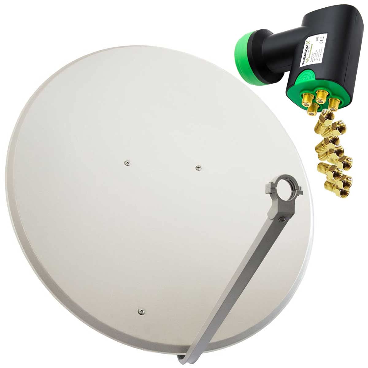 Premium X Satelliten-Komplettanlage 100cm Satellitenschüssel Aluminium Hellgrau Quad LNB 8X F-Stecker, SAT bis 4 Teilnehmer Receiver