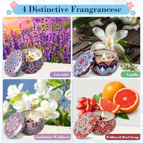 4 Pack Scented Candles for Women Gift- 8% Essential Oil Aromatherapy Candle Set, 50H Long Lasting Natural Soy Wax Candles, Travel Tin Gift Box for Stress Relief Spa Yoga Birthday Housewarming - Image 2