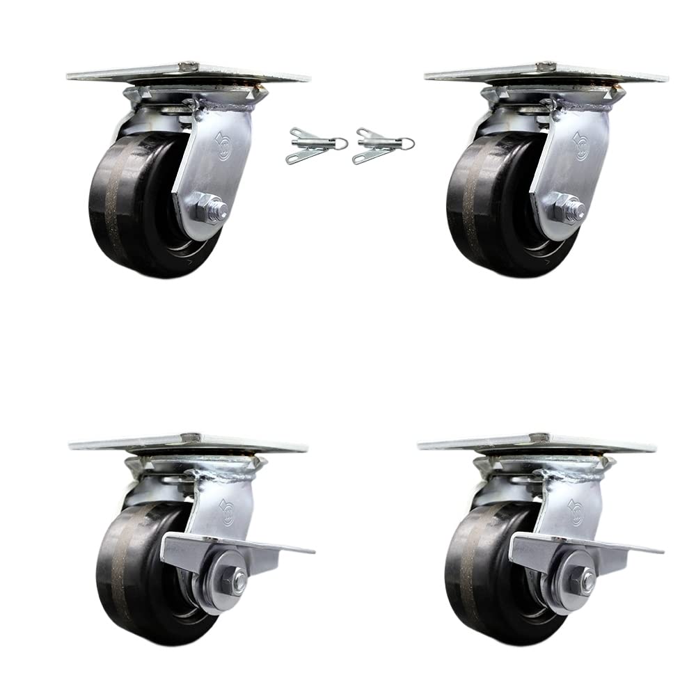 Heavy Duty Large Top Plate Phenolic Swivel Caster Set of 4 w/4" x 2" Black Wheels - Includes 2 Swivel with Bolt on Swivel Locks&2 Swivel with Brakes-3200 lbs Total Capacity - Service Caster Brand