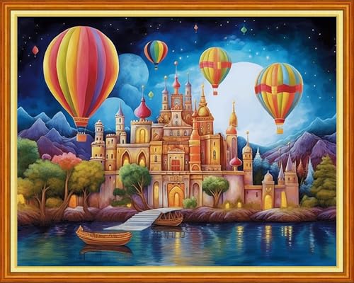 Image of Foxdiviy Stamped Cross Stitch Kits for Beginners Full Range of Cross Stitching 11 CT Printed Cross Stitch Kits for Adults Cross Stitch Patterns Needlepoint Kits-Castle hot air Balloon 16x20 inch