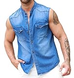 Ryannology Mens Denim Sleeveless Shirts Cowboy Jean Vest Casual Button Down Slim Fit Work Cotton Tops with Pockets