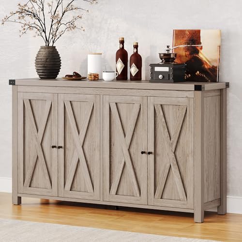 DWVO Farmhouse Sideboard Buffet Cabinet with Storage, 55'' Kitchen Storage Cabinet with 4 Doors, Large Coffee Bar Cabinets with Adjustable Shelves for Kitchen, Living Room, Grey