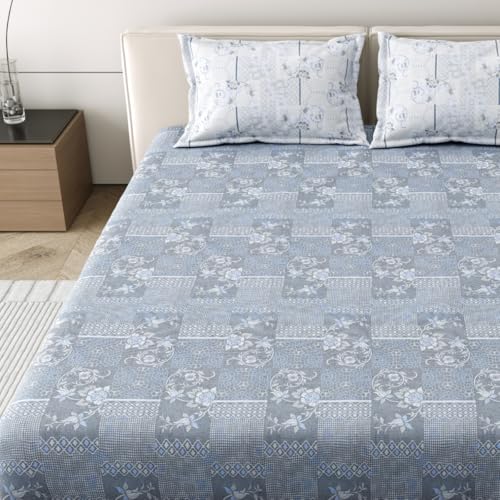 Image of Mafatlal 186 Tc Corsica Cotton Bedsheet King Size | 108 X 108 Inches | Breathable Summer Sheets for Sleeping Comfort | Pure Cotton Bedding with 2 Pillow Covers | Grey Whale