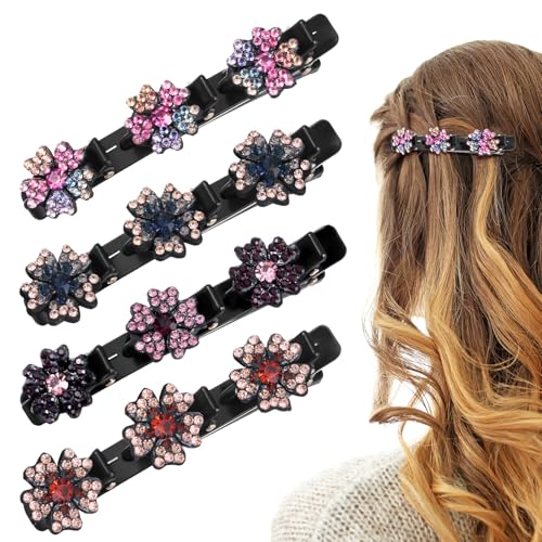 4 Stück Haarspange 3 Clips Glitzernde Kristall-Stein Geflochtene Haarspangen Damen Haarspange Doppelschicht Mini Haarspangen Geflochtene Elegante Haarstyling Clips für Damen und Mädchen