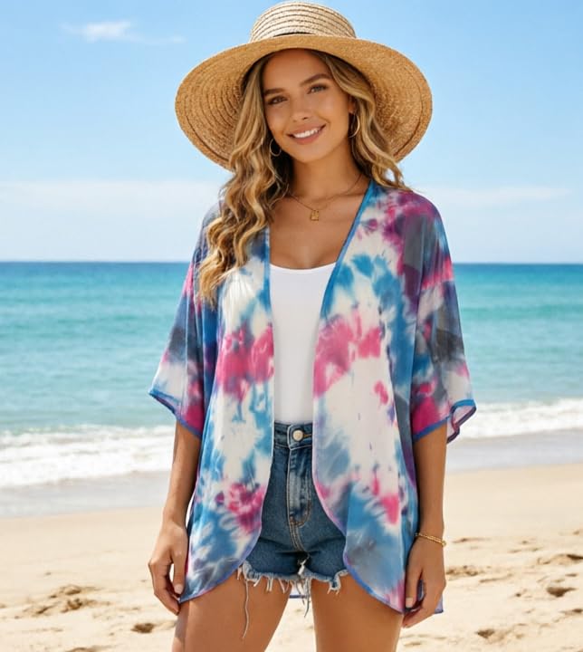Image of FINOCEANS Womens Floral Chiffon Kimono Cardigans Loose Beach Cover Up Half Sleeve Tops