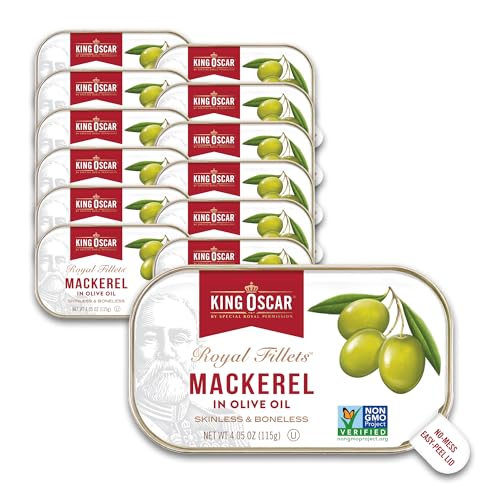 King Oscar Mackerel in Olive Oil, 4.05 Ounce Can (Pack of 6, Packaging May Vary), Skinless & Boneless, Wild Caught Canned Mackerel