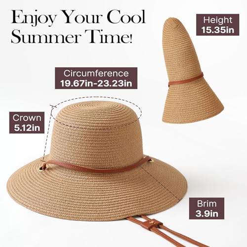 Image of Womens Beach Sun Straw Hat, Wide Brim Sun Hat Travel Foldable Summer Wind Lanyard UPF 50+