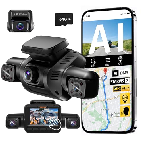 AI 4K Dash Cam Front and Rear Recording with Driver Monitoring System, STARVIS 2, 360° View 4 Channel Dashcam Free 64G Card, 5G Wi-Fi GPS, 3' Touch Screen, Night Vision, 24/7 Parking Mode, V8 MAX