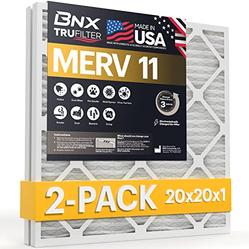 Image of BNX 20x20x1 MERV 11 Air Filter 2 Pack - MADE IN USA - Electrostatic Pleated Air Conditioner HVAC AC Furnace Filters - Removes Dust, Mold, Pollen, Lint, Pet Dander, Smoke, Smog