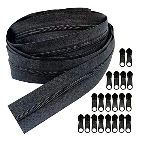 cpqakb Zippers Bulk 10 Yards #3 Nylon Coil Zipper by The Yard with 20pcs Sliders Zipper Repair Kit for Sewing Tailor Crafts Bages(#3 Black)