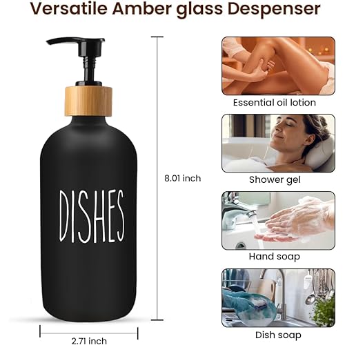 Image of Sunrise Premium 16 OZ Thick Black Glass Soap Dispenser, Bamboo Pump with Tray 2 Pack, Hand and Dish Soap Dispenser Set for Bathroom with 6 Waterproof Labels