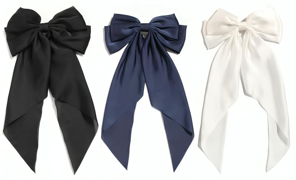 Image of FilterFashion Big Satin Layered Hair Bows for Women Girls 11.5 Inch Barrette Hair Clip Long Back Ribbon Bows French Style Hair Accessories (Black,White,NavyBlue)
