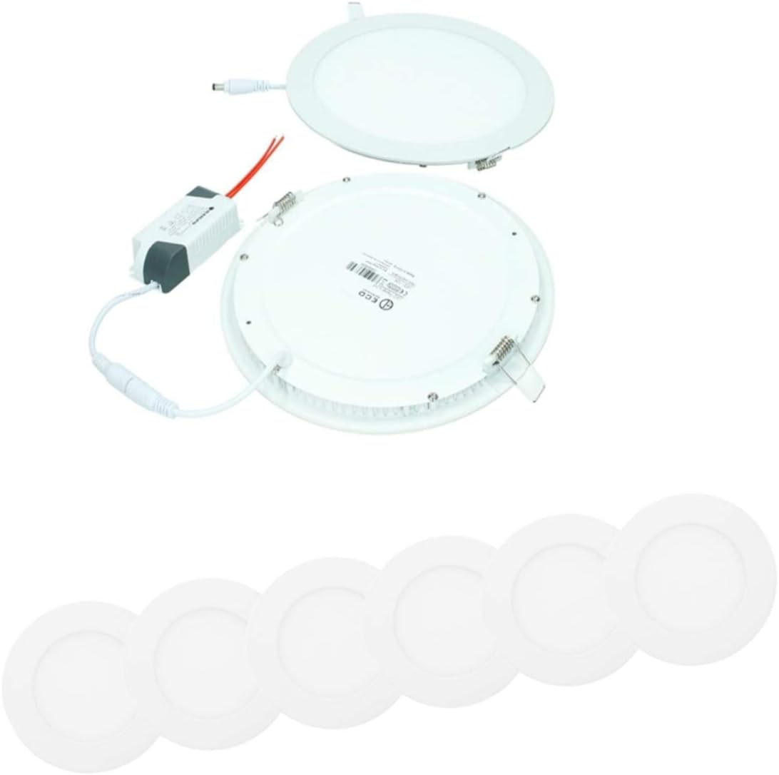ECD Germany 6x Focos empotrables de panel LED 18W reemplazo halógeno de 90W - plano ultradelgado - redondo Ø22cm - blanco frío 6000K - IP44 - pasillo baño cocina - focos techo plafón luz empotrable