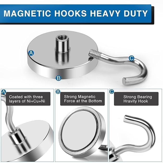 CAVERNSHOP 5 PCS Heavy-Duty Magnetic Hooks – Wall Mount Magnet Hooks, No-Drill Waterproof Hangers for Kitchen, Bathroom, Home & Office – Holds Towels, Keys, Bags, Coats (Silver Magnatic) 4