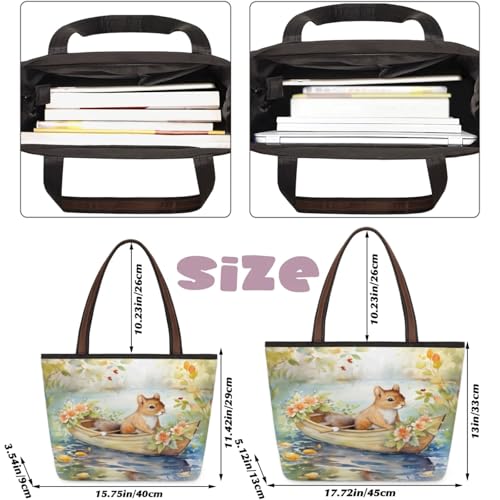 Watercolor Squirrel River Boat Tote Bag Multi Pocket Zippered Beach Bag Lightweight Waterproof Handbag3