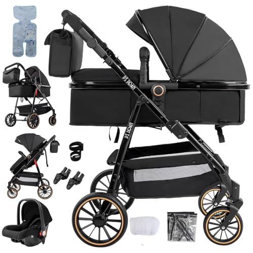 Oubeauou Baby Travel System 3 en 1 con moisés antivibraciones, cochecito convertible y capazo de bebé, alta visión, absorción de golpes, marco de aluminio, para nacimiento a 36 meses (negro)