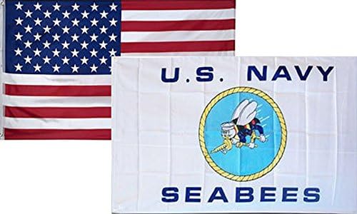 3x5 Wholesale Combo USA American & Navy Seabees USN White Flag 3'x5' 2 Pack Super Polyester Nylon Fade Resistant Double Stitched Premium Penant House Banner Grommets