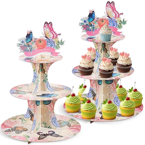 2-Pack Whimsical Butterfly Cupcake Stand, 3-Tier Garden Fantasy Dessert Tower for Butterfly Themed Birthday, Fairy Garden Party, Baby Shower Decorations (2PCS)