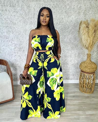 Image of Two Piece Sets for Women Summer Outfits Crop Tops and Wide Leg Pants Sets Sexy Jumpsuits Vacation Outfits with Pockets