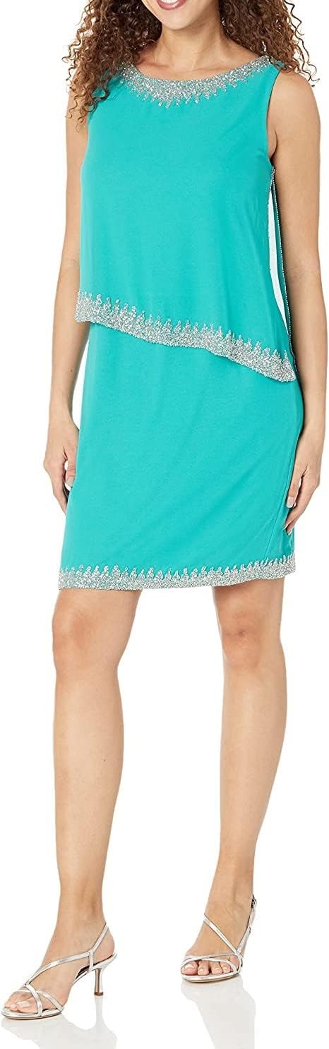 J Kara Women's Boat Neck Asymmetrical Bodice Edge Beaded Short Cocktail Dress