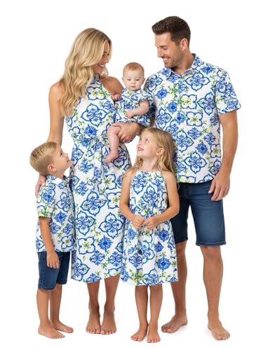 Image of PATPAT Family Hawaiian Matching Outfits - Mommy and Me Vacation Outfits | Halter Sundresses and Button Down Shirts,Caribbean Vacation Summer Tropical Outfits,Hawaiian Boho Tropical Floral Printed
