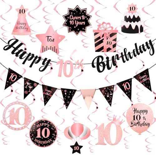 Image of 10th Birthday Decorations for Girls Rose Gold Pink Pre Strung Happy 10th Birthday Banner and Hanging Swirls 10 Year Old Party Decorations Supplies