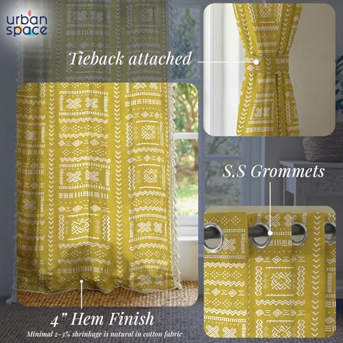 Image of Urban Space Boho Decorative Curtain for Window, 100% Cotton Curtain 5 Feet Long, 1 piece Curtain with Tassels, 60-65% Room Darkening with Tieback and Eyelets (Zahara Mustard Yellow, 5 Feet)