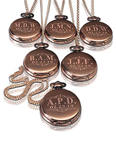 8 Groomsmen Engraved Pocket Watches, Set of 8 Groomsmen Wedding Unique Gifts, Chain, Box and Engraving Included, Comes in 5 Colors (Rose Gold)