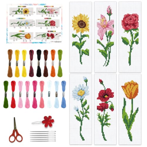 BEUNITONE 6 Pcs Flower Bookmark Cross Stitch Kits DIY Stamped Embroidery Bookmark Kit for Adults Beginner with Instructions Vivid Floral Cross Stitch Kits for DIY Crafts Book Lovers Gifts 2.4x8 in