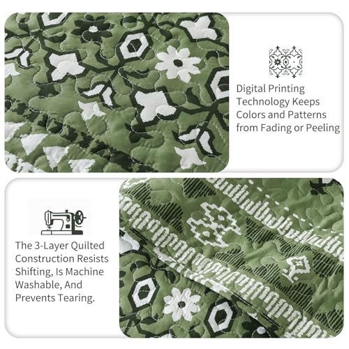 TWINRUN Boho Queen Quilt Set, 3 Piece Queen Quilt Bedding Set (90 x 98 Inch), Lightweight Sage Green Quilt, Boho Style Striped Print Coverlet, Bedspreads Queen Size for All-Seasons, Machine Wash - Image 5