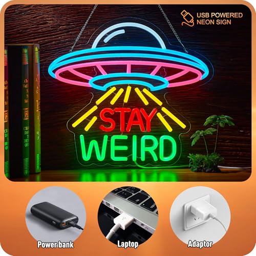 Image of Stay Weird Neon Sign Alien UFO Tractor Beam LED Lights for Wall Decor | USB Powered Alien UFO Decor for Farmhouse Bedroom Porch Game Room Man Cave Kids Gift