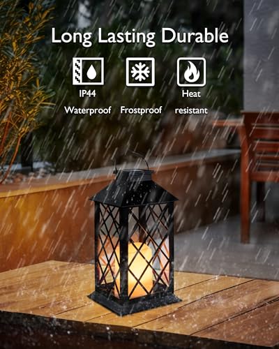 Homemory Solar Lanterns Outdoor Waterproof Hanging with Flickering Flameless Candles, 2 Pack 13'' Garden Outdoor Lantern Decorative for Patio Front Porch Backyard Balcony Cabin Outside Table(Black) - Image 4