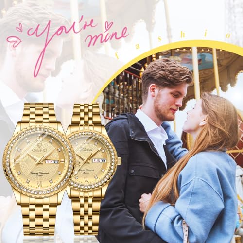 Image of JewelryWe Couple Gold Quartz Watch: Business Analog Full Diamond Day Date 3ATM Waterproof Luminous Hands Stainless Steel Removable Strap Casual Wrist Watch for Father's Day