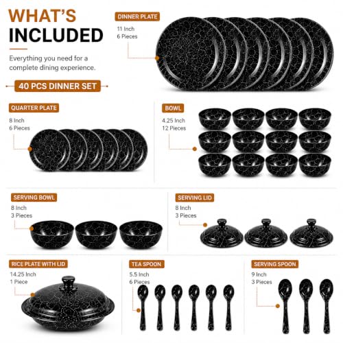 Image of Melvio By Malti Black Granite 40 Piece Dinner Set | Melamine Dinnerware Set, Premium Dinner Set Crockery Plates Bowls Tableware for Home Dining Kitchen