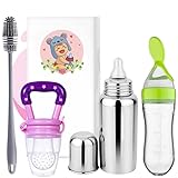 DECRONICS 250ml Stainless Steel Milk Bottle for Kids Baby Feeding Products | Spoon Feeder 90ml | Fruit/Food Feeder and Cleaning Brush, Combo (Set of 4 Items) (DCS0108)