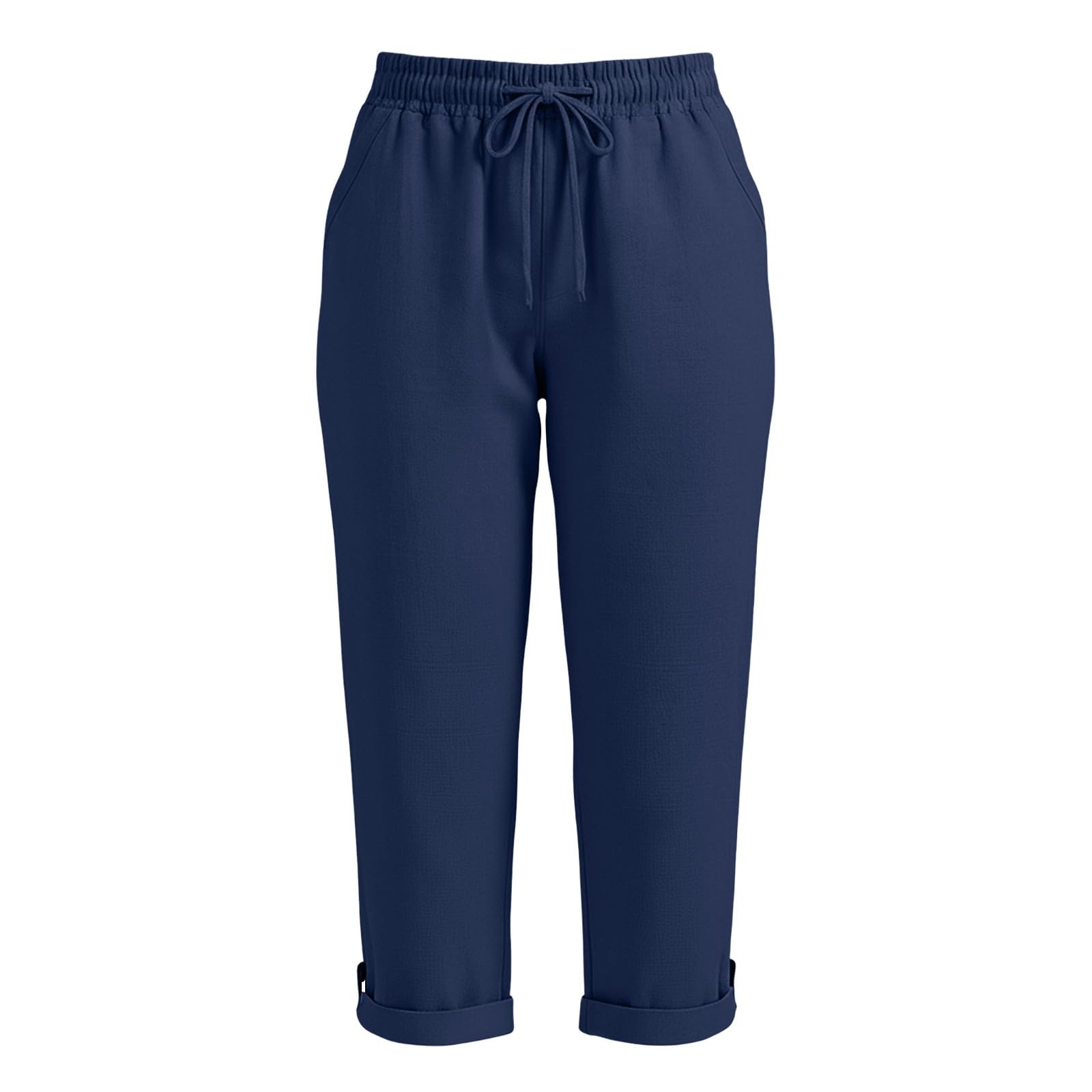 RLEHJN Leinenhose Damen 3/4,High Waist Caprihose Mit Taschen Casual Freizeithose Bequem Leicht Atmungsaktiv Einstellbarer Kordelzug Taille Stoffhose Strandhose Lässig Jogginghose Urlaub Strandhose