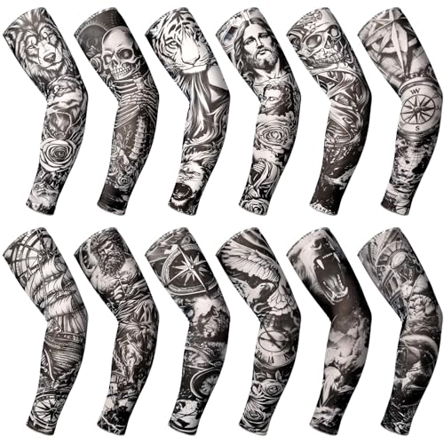 Boao 12 Pcs Temporary Tattoo Sleeve for Men Cooling Arm Sleeves Long Fingerless Arm Cover Anti Slip UV Protection Sun
